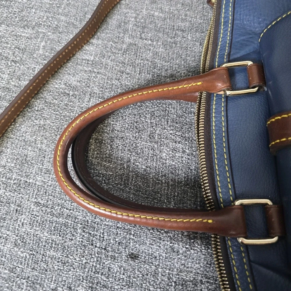 Dooney & Bourke Pebble Grain Leather Satchel Navy Blue Brown Trim Crossbody Bag